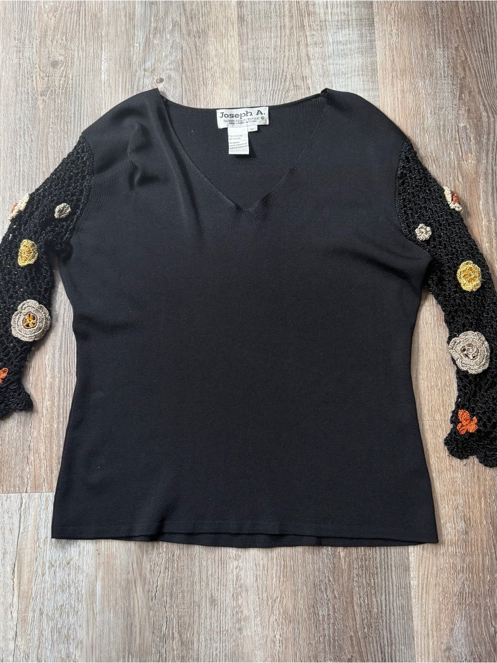 Vintage Joseph A Black Crochet Sleeve Floral Knit Top XL